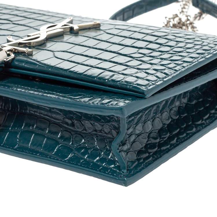 Pre Owned Saint Laurent Deep Green Croc Embossed Leather Kate Tassel Wallet on Chain 