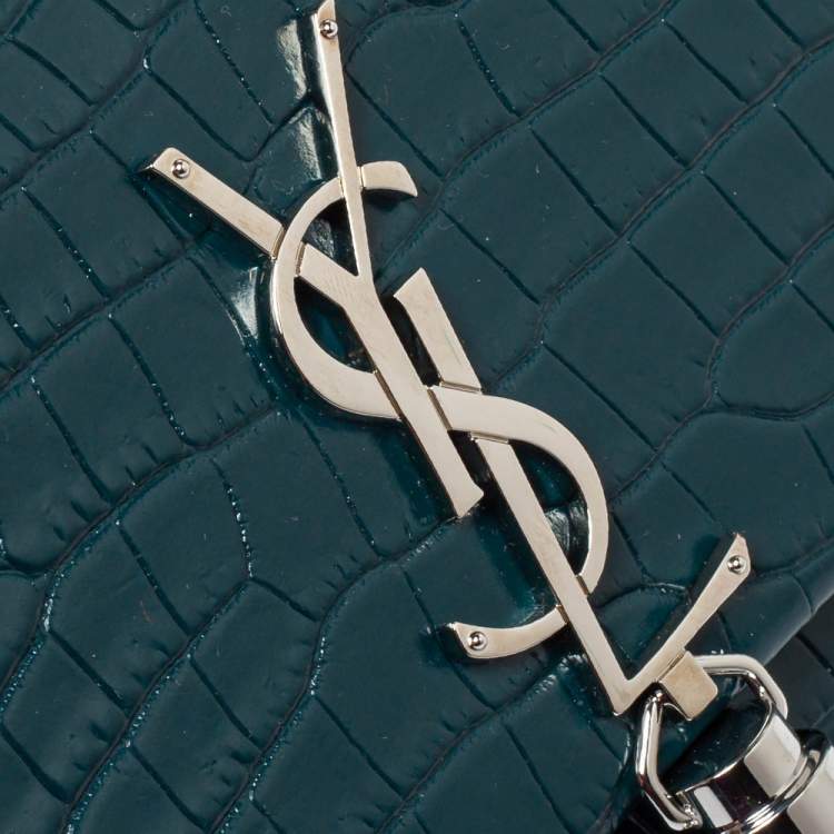 Pre Owned Saint Laurent Deep Green Croc Embossed Leather Kate Tassel Wallet on Chain 