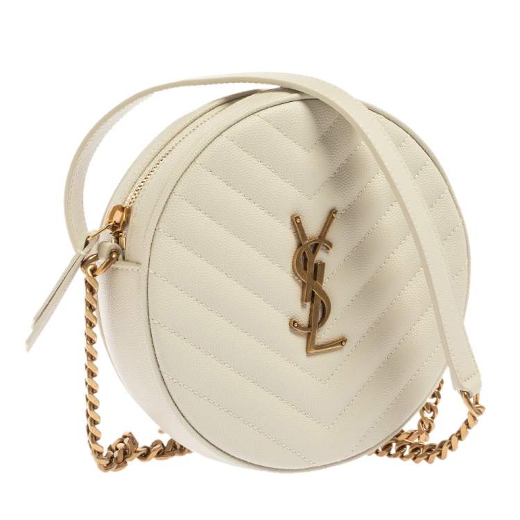 Pre Owned Saint Laurent Off White Leather Round Vinyle Crossbody Bag