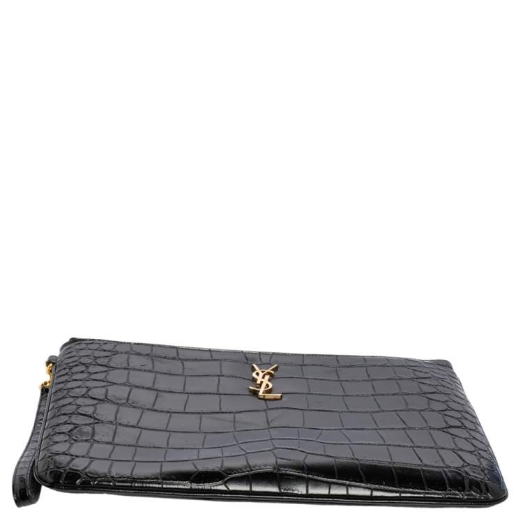 Pre Owned Saint Laurent Black Croc Embossed Leather Monogram Wristlet Pouch 