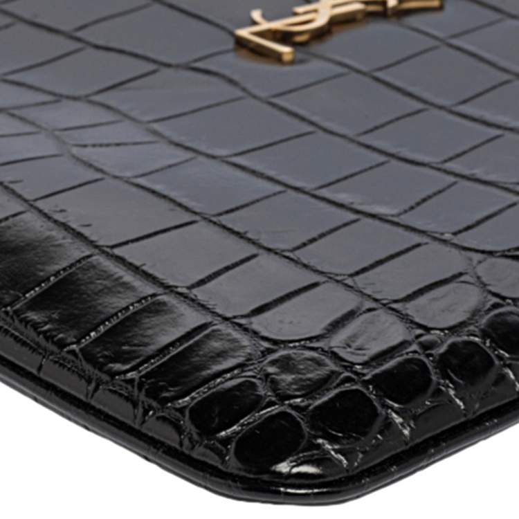 Pre Owned Saint Laurent Black Croc Embossed Leather Monogram Wristlet Pouch 