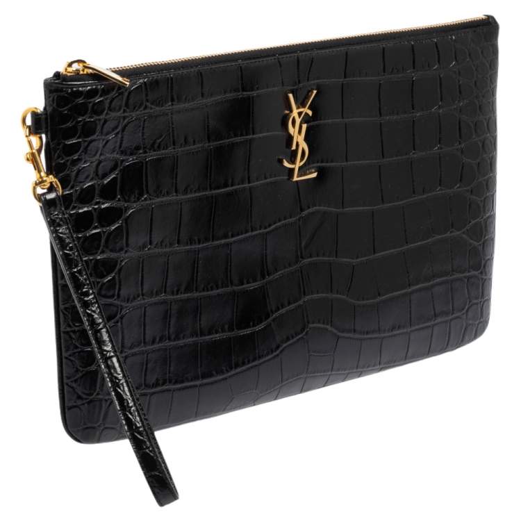 Pre Owned Saint Laurent Black Croc Embossed Leather Monogram Wristlet Pouch 