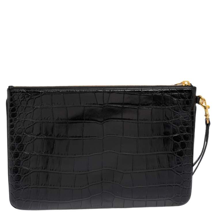 Pre Owned Saint Laurent Black Croc Embossed Leather Monogram Wristlet Pouch 
