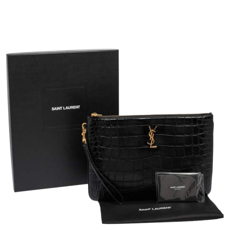 Pre Owned Saint Laurent Black Croc Embossed Leather Monogram Wristlet Pouch 