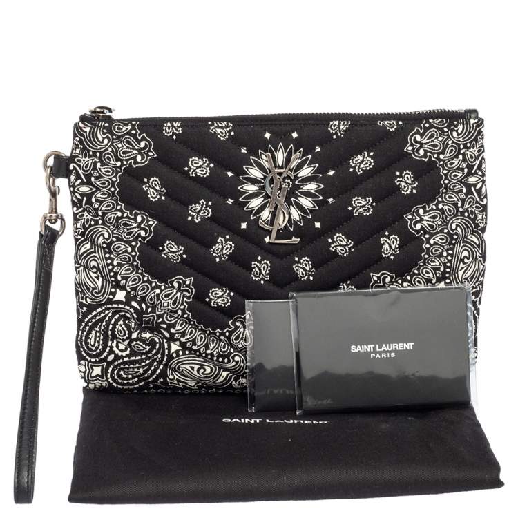 Pre Owned Saint Laurent Black Bandana Print Fabric Monogram Wristlet Pouch