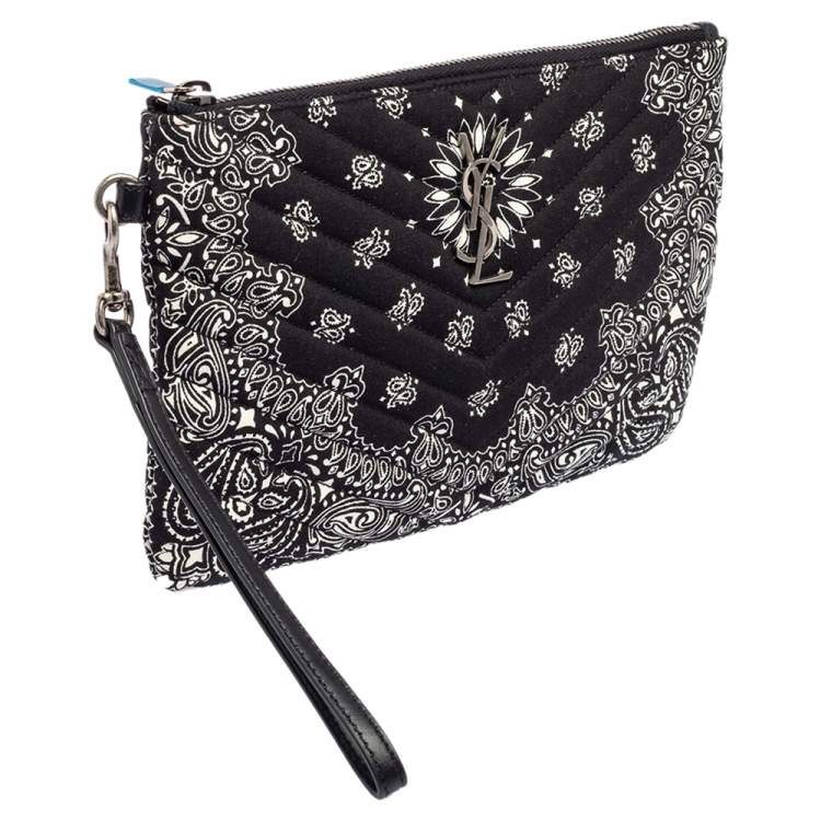 Pre Owned Saint Laurent Black Bandana Print Fabric Monogram Wristlet Pouch