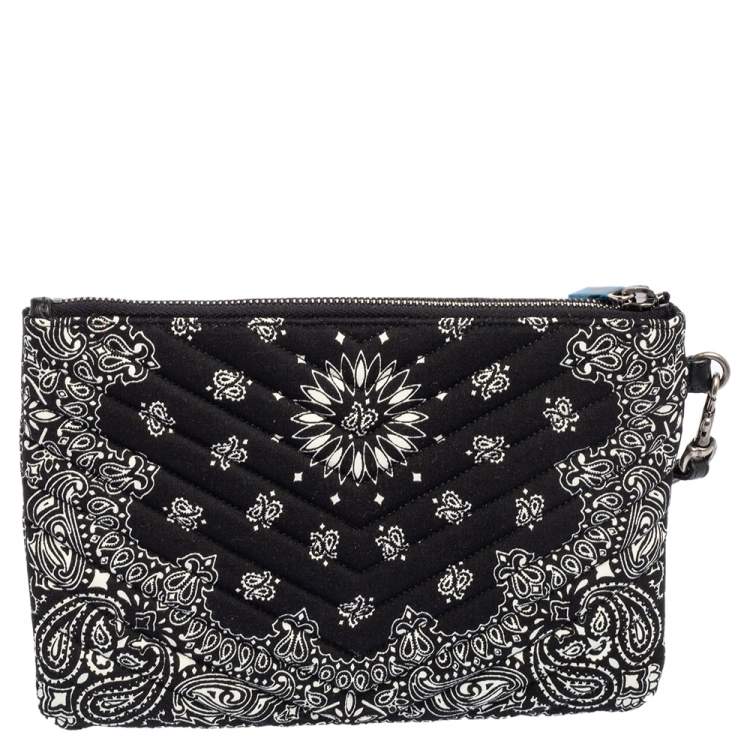 Pre Owned Saint Laurent Black Bandana Print Fabric Monogram Wristlet Pouch