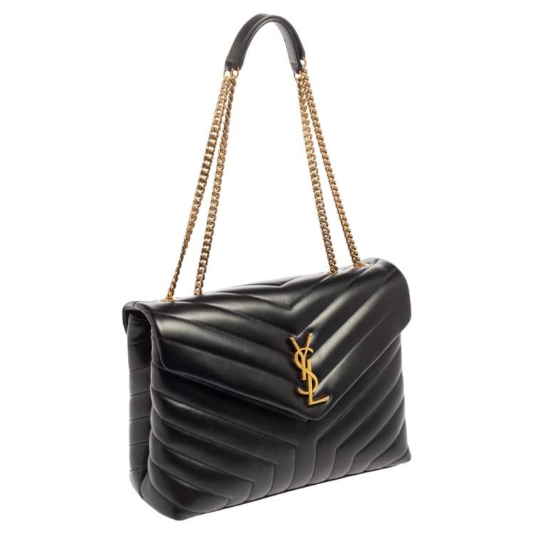 Pre Owned Saint Laurent Black Matelassé Leather Medium LouLou Shoulder Bag