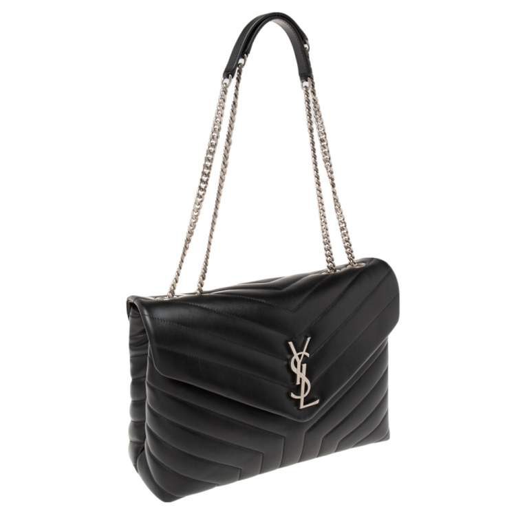 Pre Owned Saint Laurent Black Matelassé Leather Medium LouLou Shoulder Bag