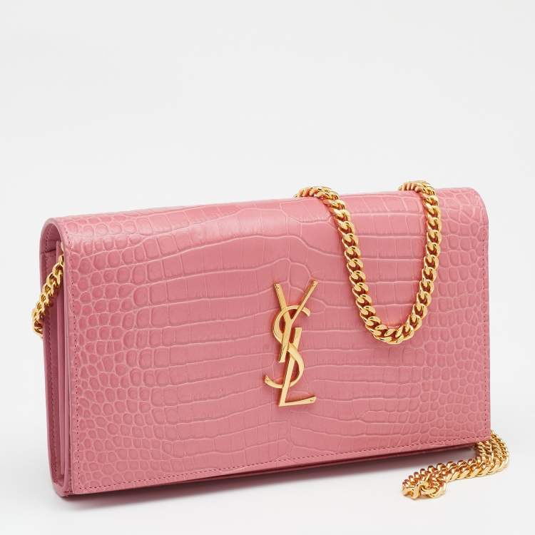 Pre Owned Saint Laurent Paris Pink Croc Embossed Leather Monogram Chain Wallet