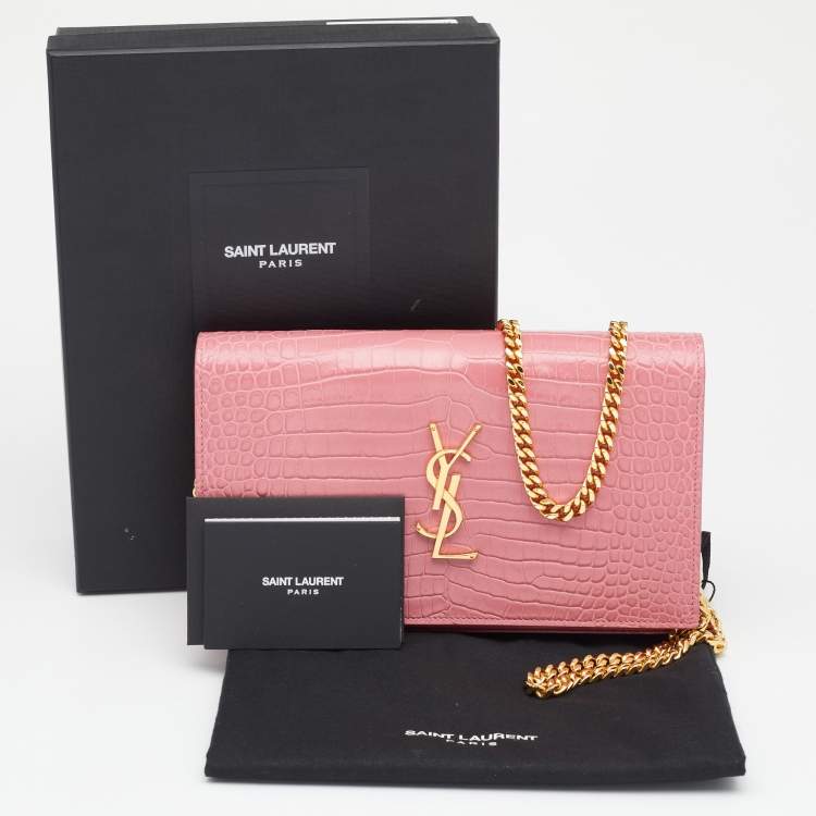 Pre Owned Saint Laurent Paris Pink Croc Embossed Leather Monogram Chain Wallet