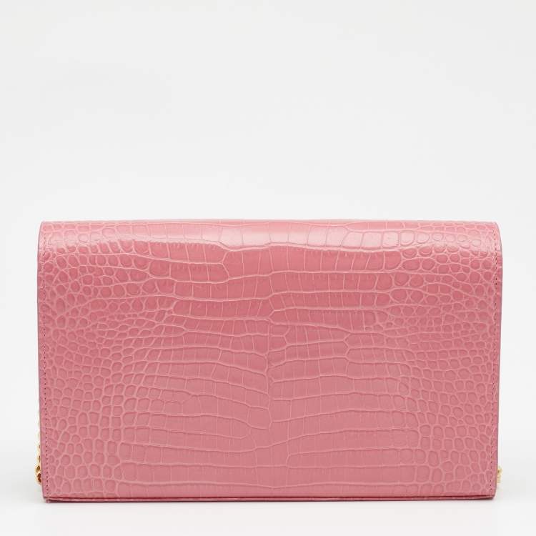 Pre Owned Saint Laurent Paris Pink Croc Embossed Leather Monogram Chain Wallet