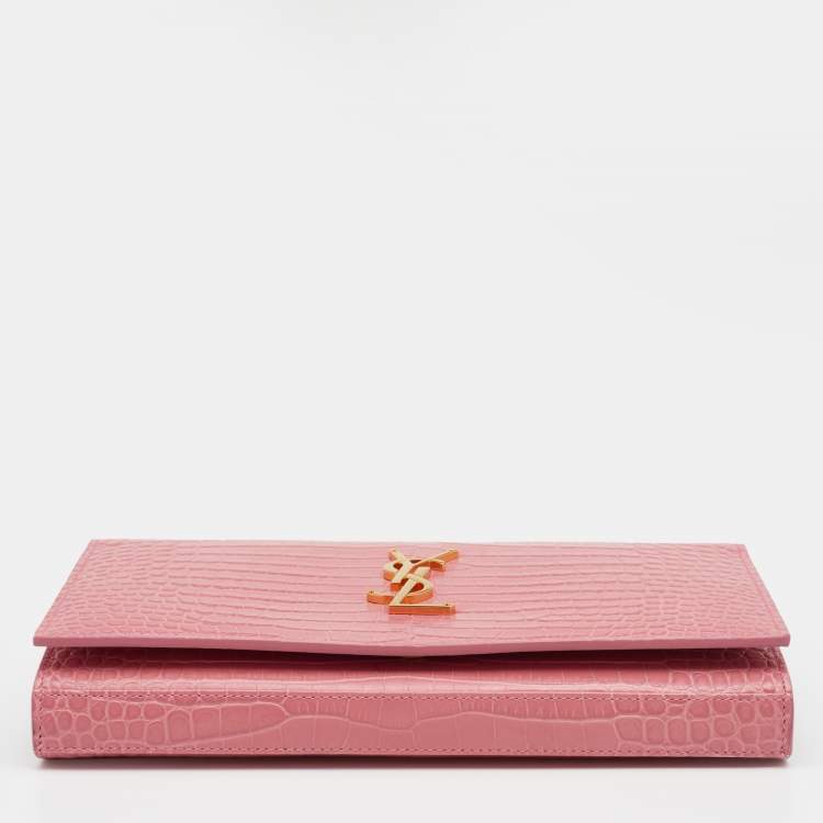Pre Owned Saint Laurent Paris Pink Croc Embossed Leather Monogram Chain Wallet