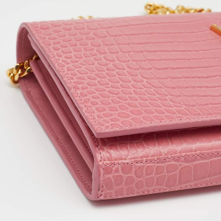 Pre Owned Saint Laurent Paris Pink Croc Embossed Leather Monogram Chain Wallet
