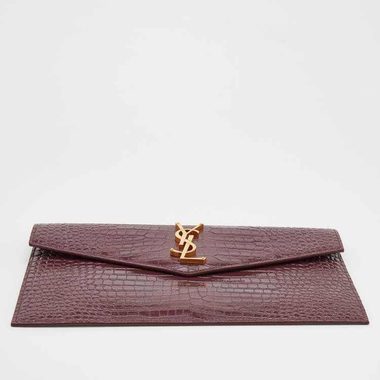 Pre Owned Saint Laurent Burgundy Croc Embossed Leather Uptown Clutch