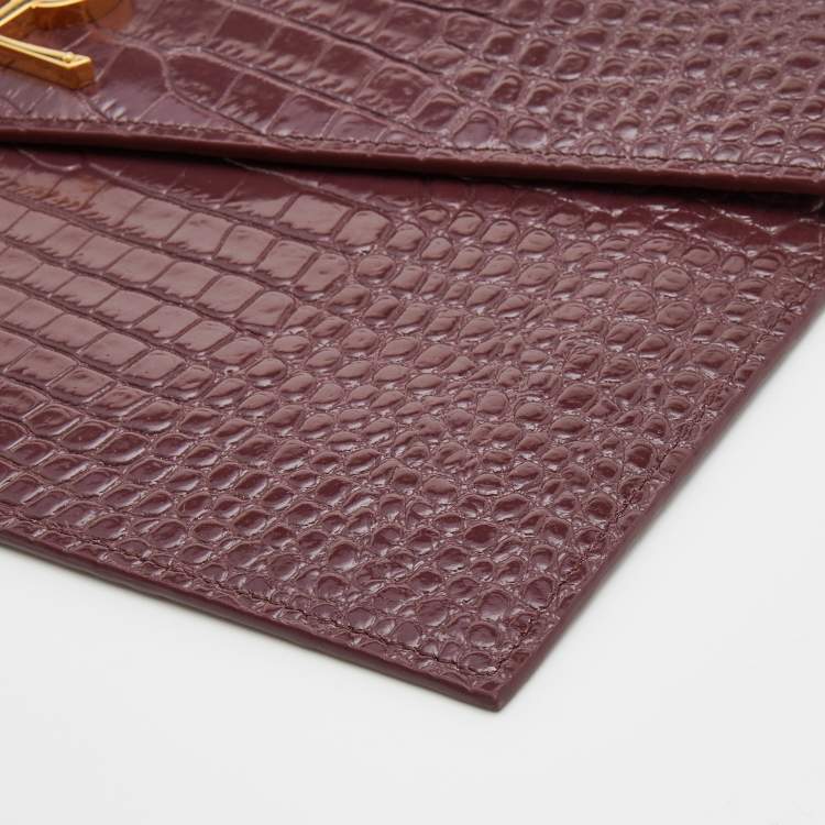 Pre Owned Saint Laurent Burgundy Croc Embossed Leather Uptown Clutch