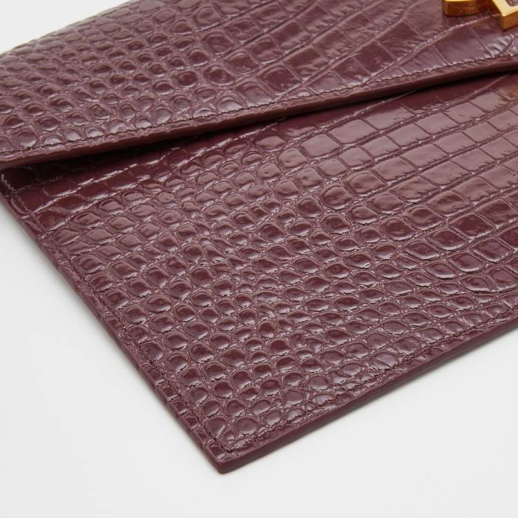 Pre Owned Saint Laurent Burgundy Croc Embossed Leather Uptown Clutch