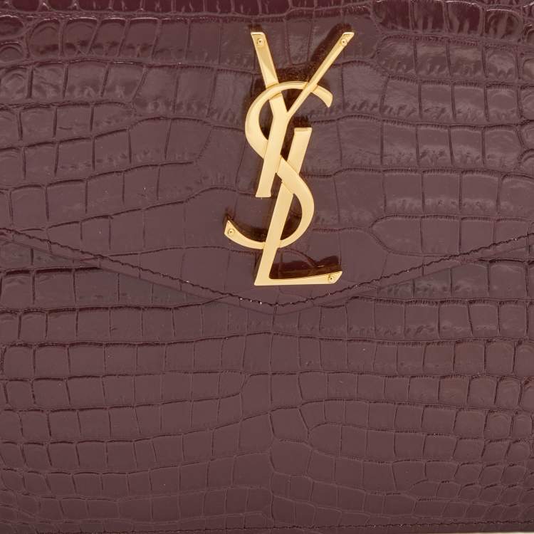 Pre Owned Saint Laurent Burgundy Croc Embossed Leather Uptown Clutch