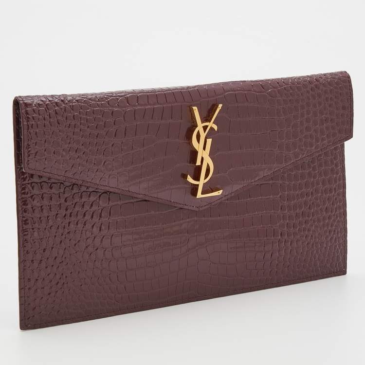 Pre Owned Saint Laurent Burgundy Croc Embossed Leather Uptown Clutch