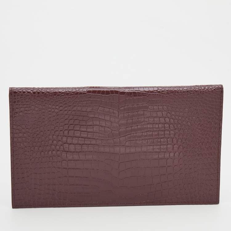 Pre Owned Saint Laurent Burgundy Croc Embossed Leather Uptown Clutch