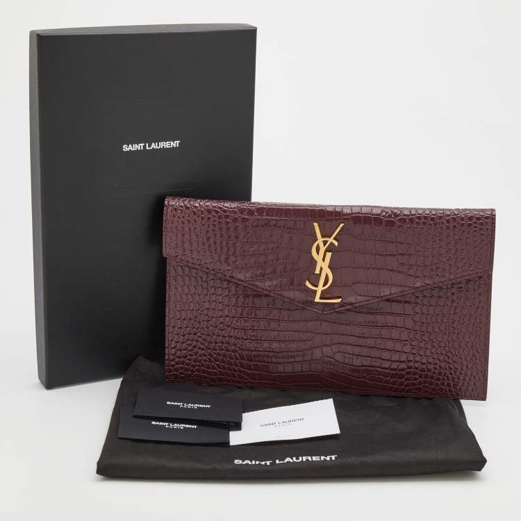 Pre Owned Saint Laurent Burgundy Croc Embossed Leather Uptown Clutch