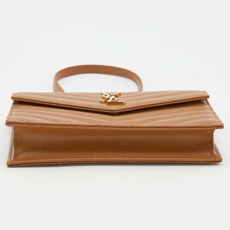Pre Owned Saint Laurent Brown Matelassé Leather Monogram Envelope Wallet On Chain