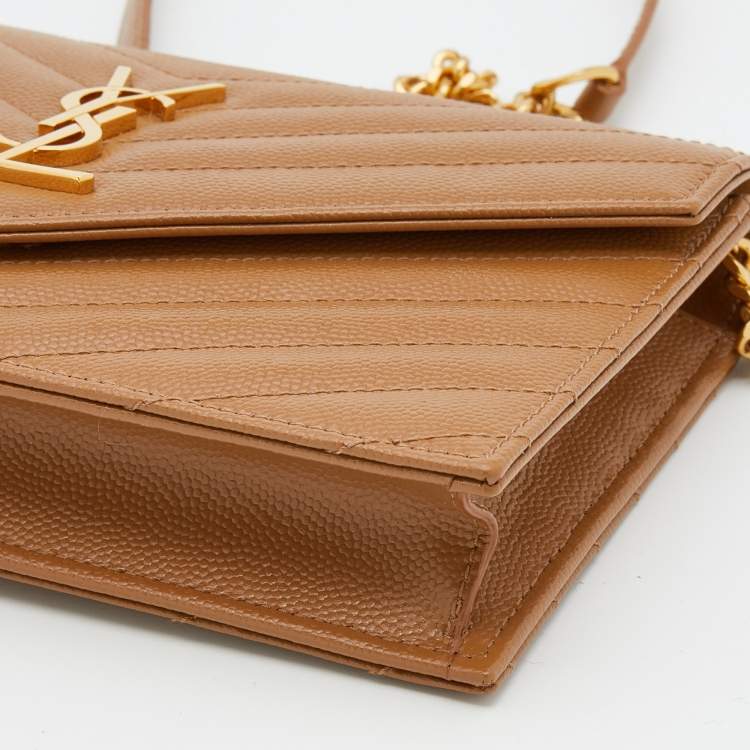 Pre Owned Saint Laurent Brown Matelassé Leather Monogram Envelope Wallet On Chain