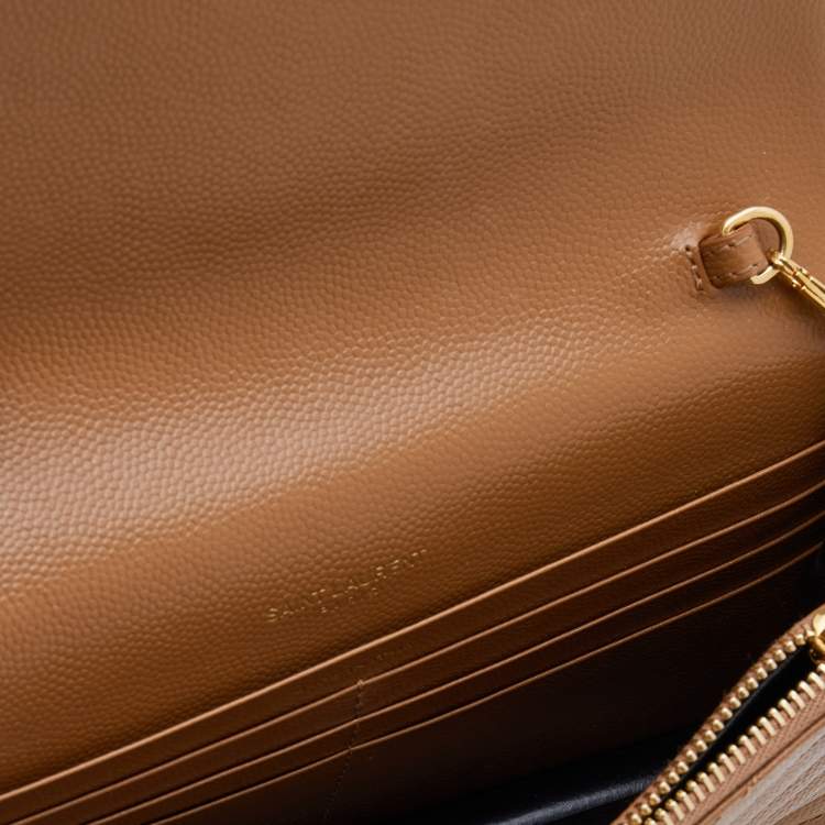 Pre Owned Saint Laurent Brown Matelassé Leather Monogram Envelope Wallet On Chain