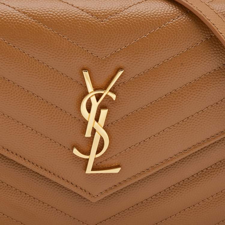 Pre Owned Saint Laurent Brown Matelassé Leather Monogram Envelope Wallet On Chain