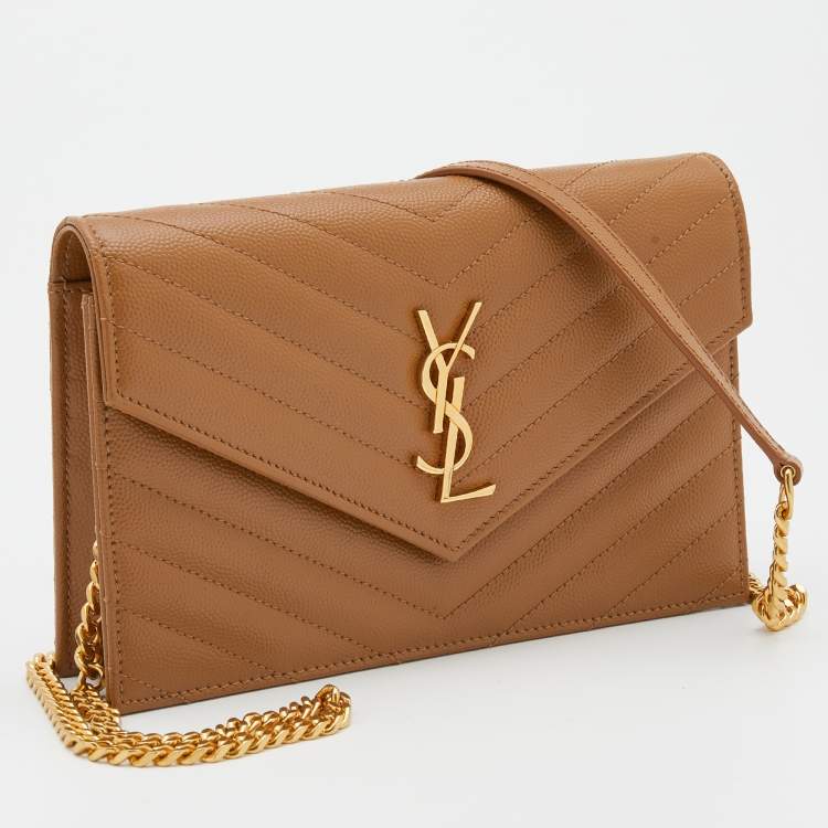 Pre Owned Saint Laurent Brown Matelassé Leather Monogram Envelope Wallet On Chain