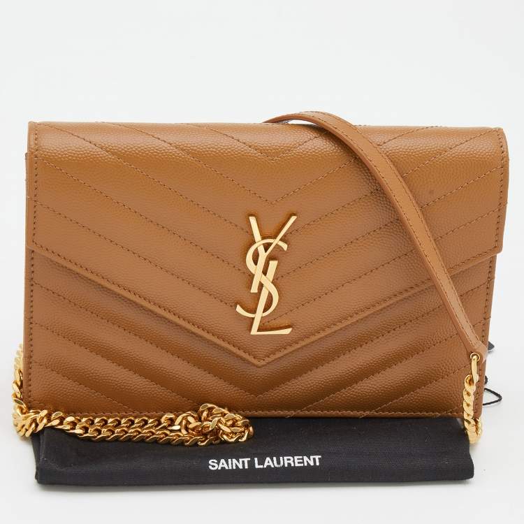 Pre Owned Saint Laurent Brown Matelassé Leather Monogram Envelope Wallet On Chain