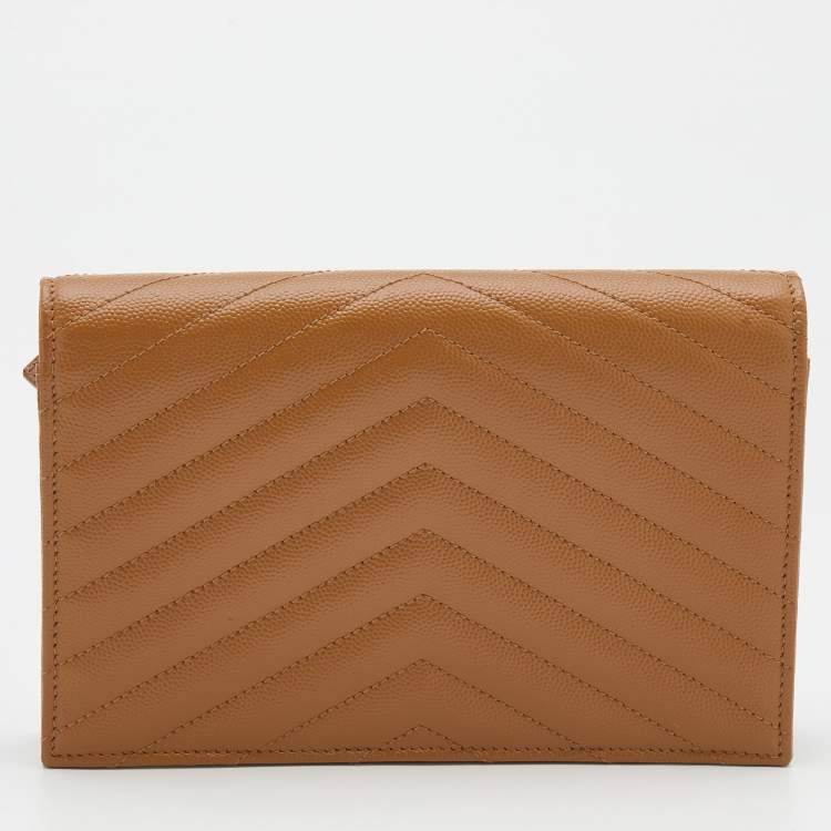 Pre Owned Saint Laurent Brown Matelassé Leather Monogram Envelope Wallet On Chain