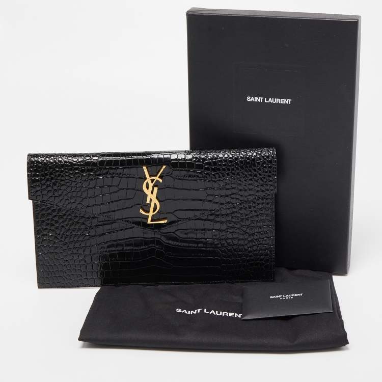 مملوكة مسبقًا Saint Laurent Black Croc Embossed Leather Uptown Pouch