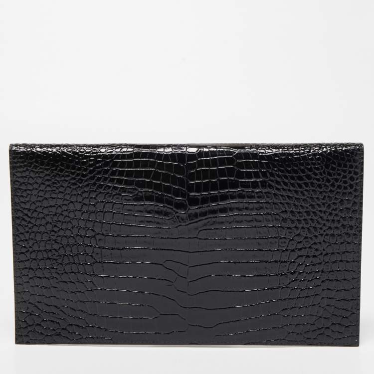 مملوكة مسبقًا Saint Laurent Black Croc Embossed Leather Uptown Pouch