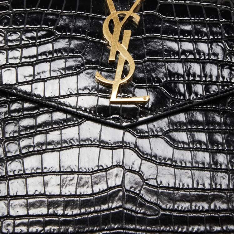 مملوكة مسبقًا Saint Laurent Black Croc Embossed Leather Uptown Pouch