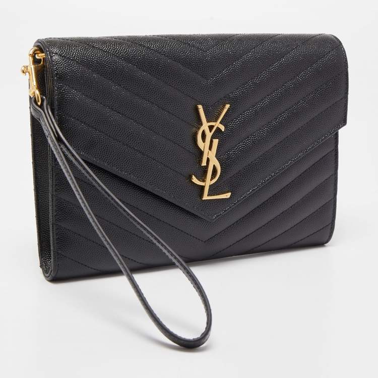 Pre Owned Saint Laurent Black Matelassé Leather Cassandre Wristlet Pouch