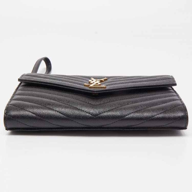 Pre Owned Saint Laurent Black Matelassé Leather Cassandre Wristlet Pouch