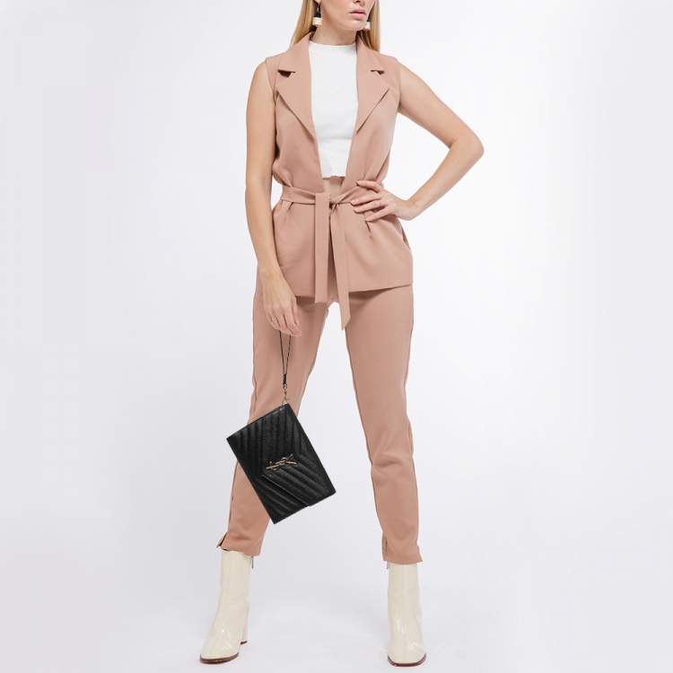 Pre Owned Saint Laurent Black Matelassé Leather Cassandre Wristlet Pouch