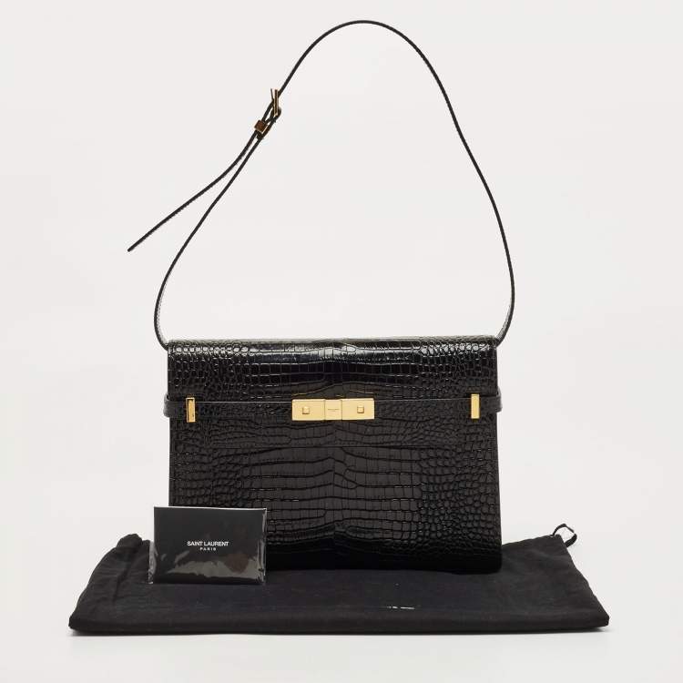 Pre Owned Saint Laurent Black Croc Embossed Leather Manhattan Shoulder Bag