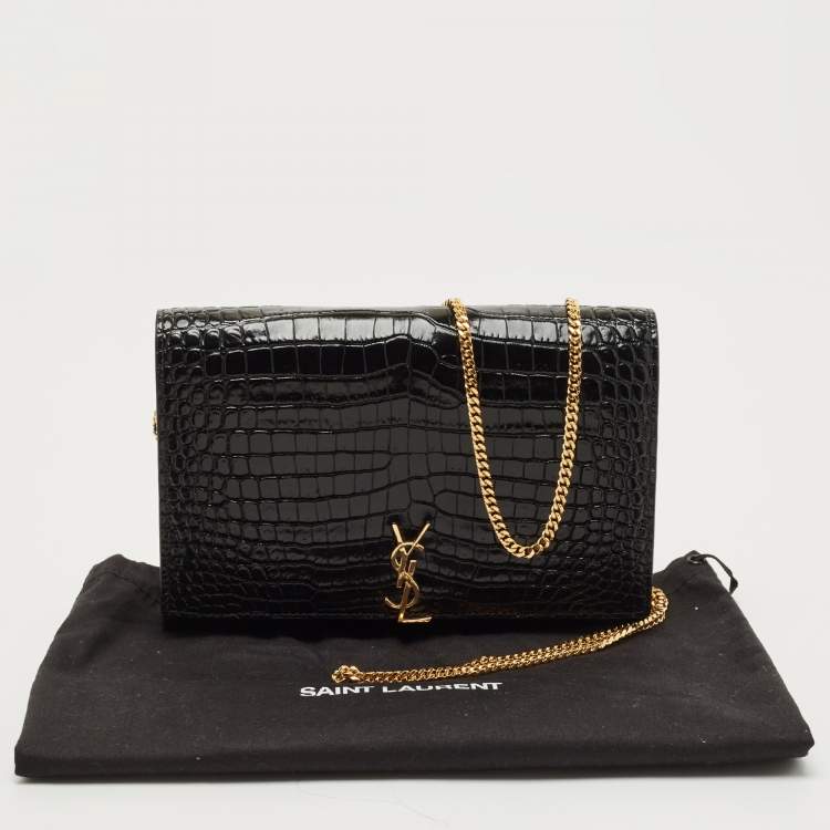 Pre Owned Saint Laurent Black Croc Embossed Leather Monogram Wallet On Chain