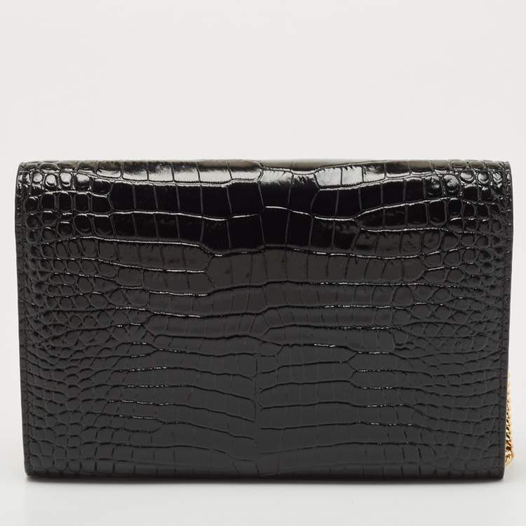 Pre Owned Saint Laurent Black Croc Embossed Leather Monogram Wallet On Chain