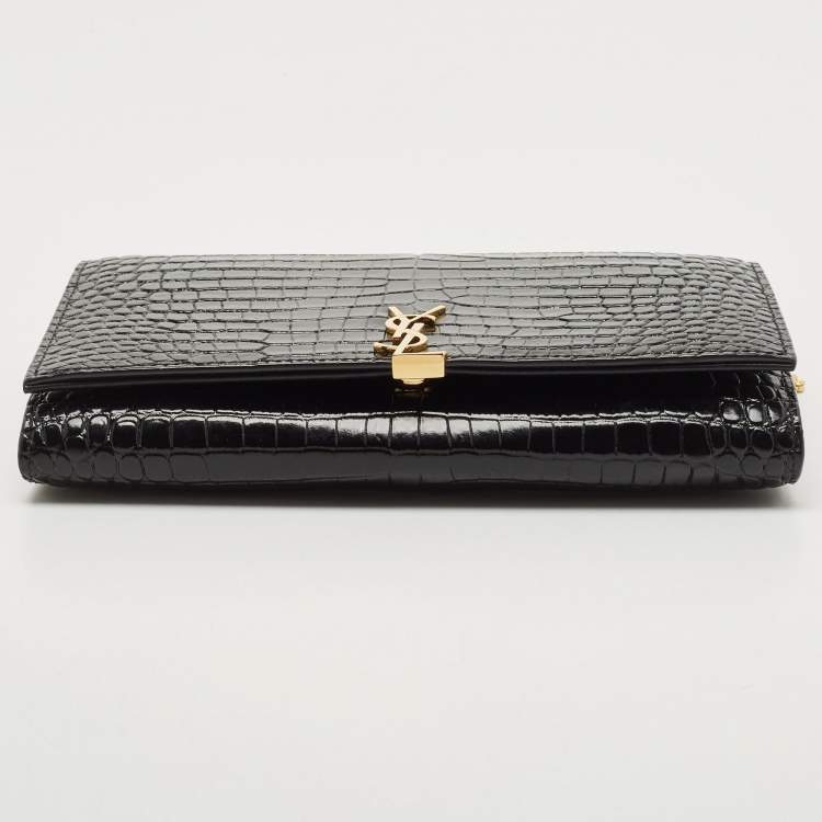 Pre Owned Saint Laurent Black Croc Embossed Leather Monogram Wallet On Chain