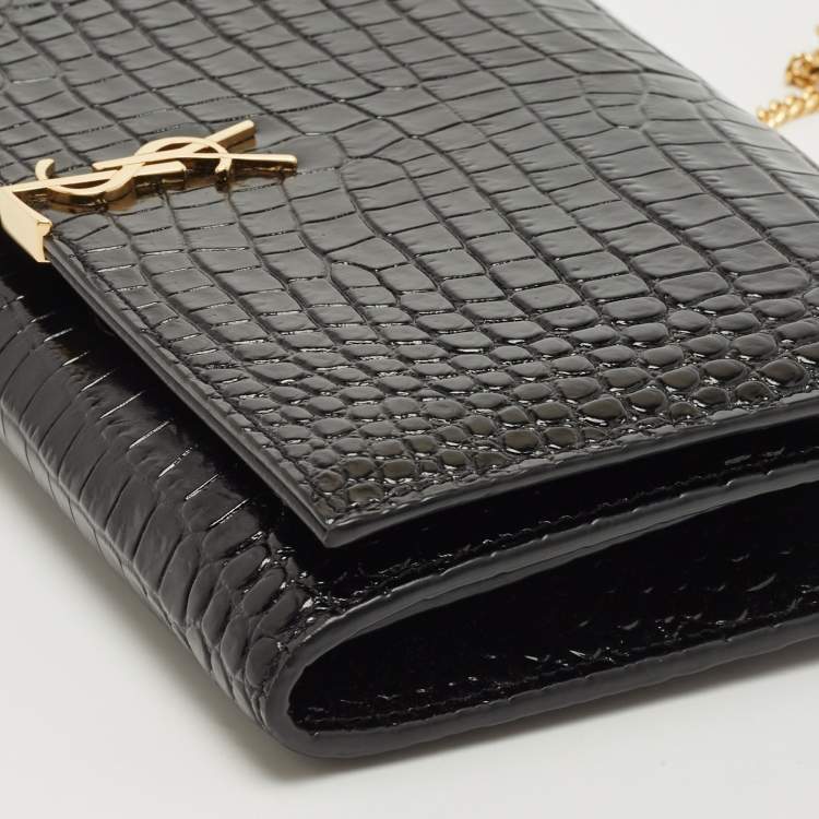 Pre Owned Saint Laurent Black Croc Embossed Leather Monogram Wallet On Chain