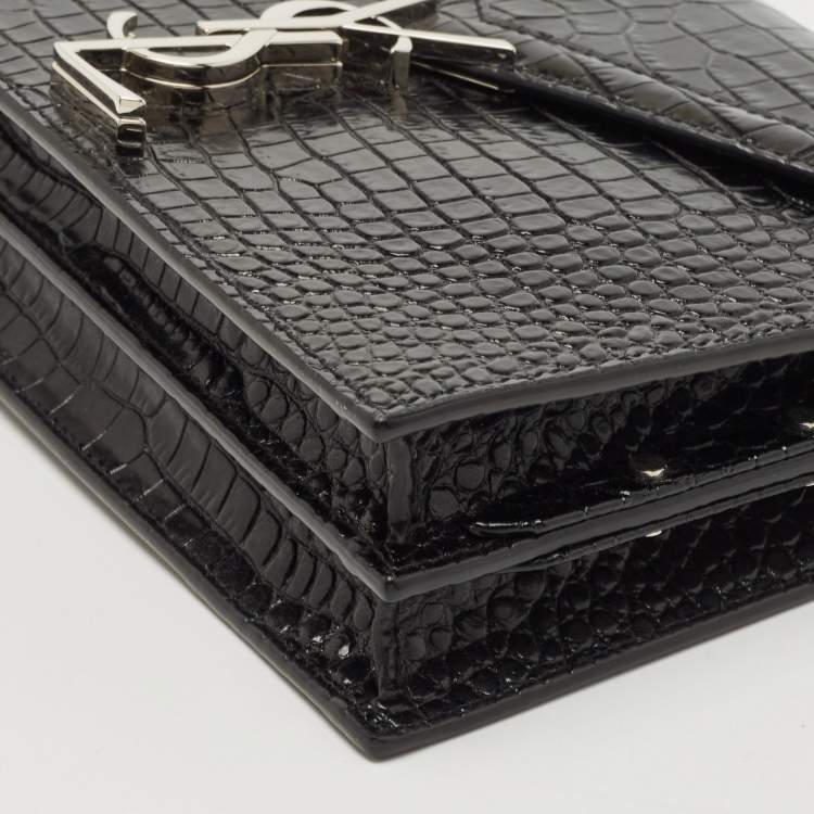 Pre Owned Saint Laurent Black Croc Embossed Leather Cassandra Wallet on Chain
