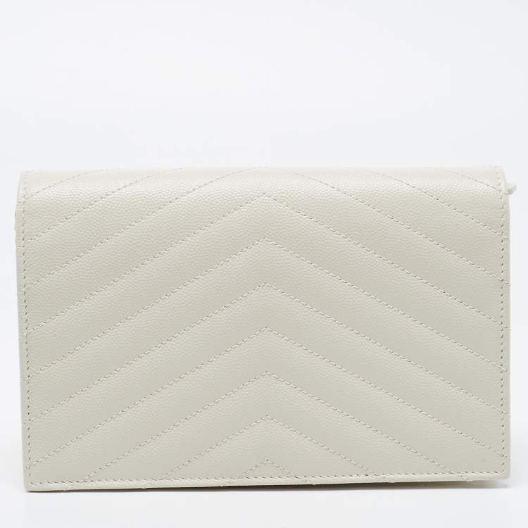 Pre Owned Saint Laurent White Matelassé Leather Cassandre Wallet on Chain