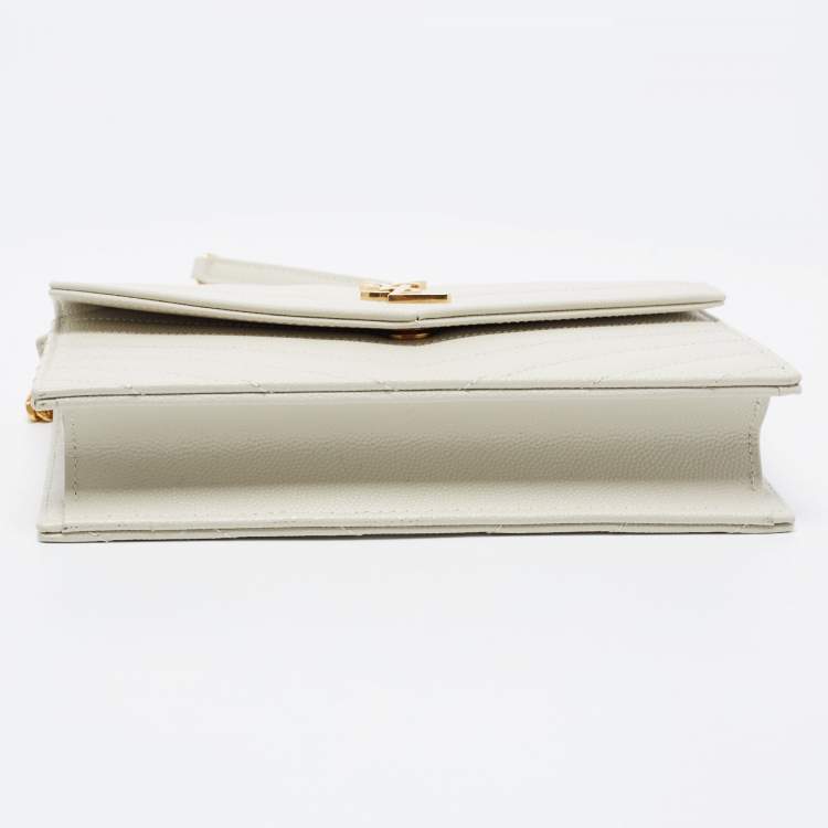 Pre Owned Saint Laurent White Matelassé Leather Cassandre Wallet on Chain