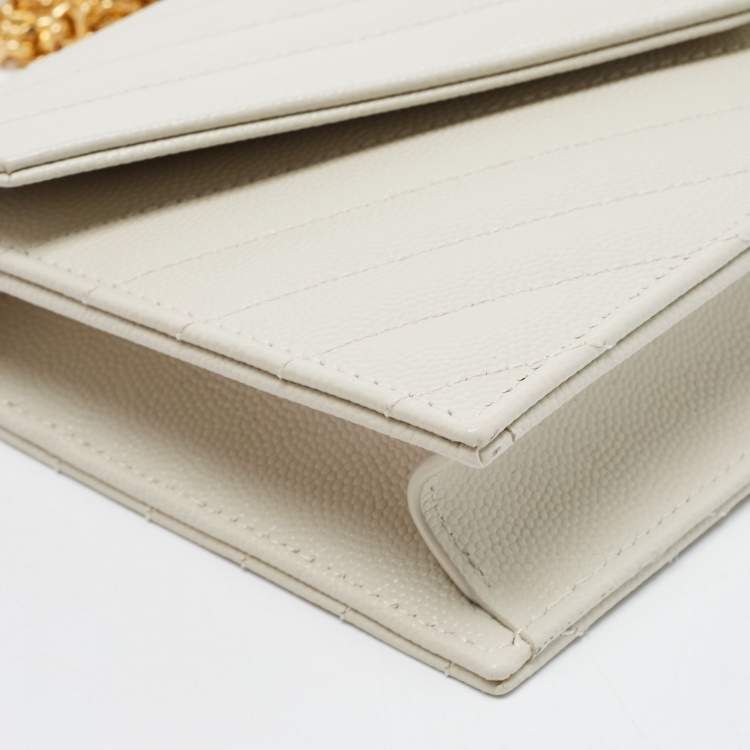 Pre Owned Saint Laurent White Matelassé Leather Cassandre Wallet on Chain