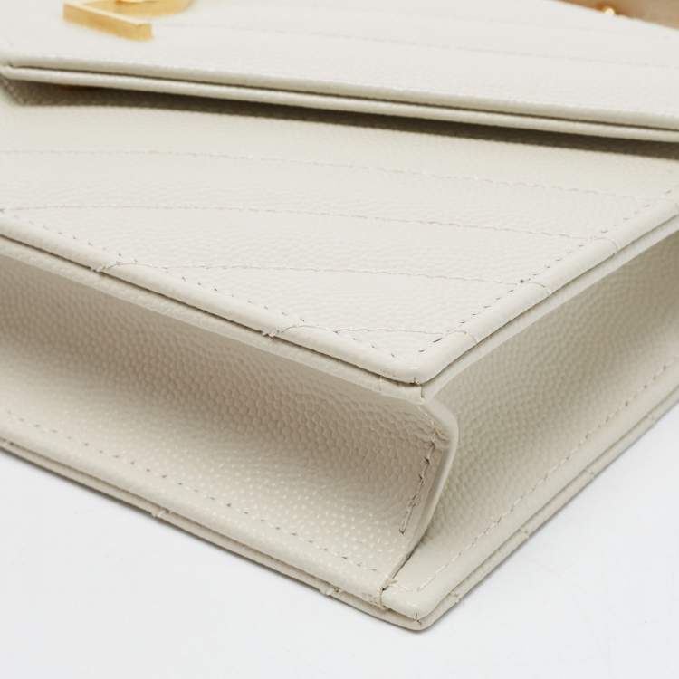 Pre Owned Saint Laurent White Matelassé Leather Cassandre Wallet on Chain