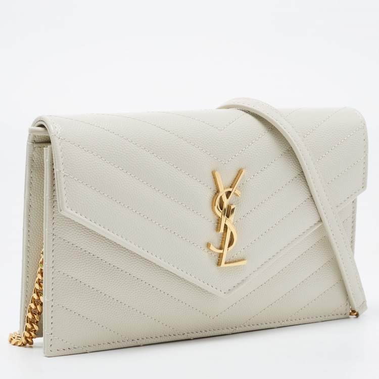 Pre Owned Saint Laurent White Matelassé Leather Cassandre Wallet on Chain