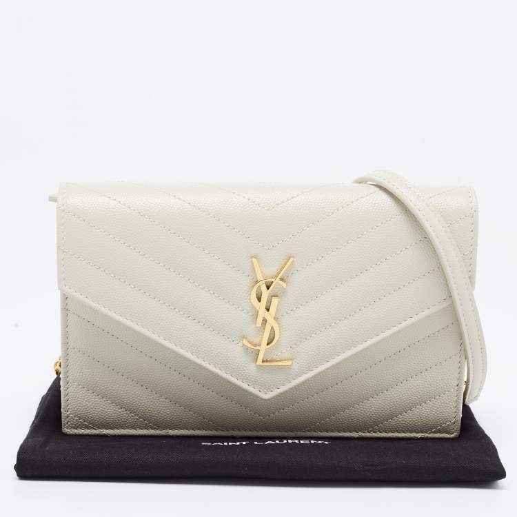 Pre Owned Saint Laurent White Matelassé Leather Cassandre Wallet on Chain